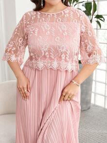 SHEIN Clasi 大码女士优雅刺绣荷叶边连衣裙 - 粉色 - 查看 2