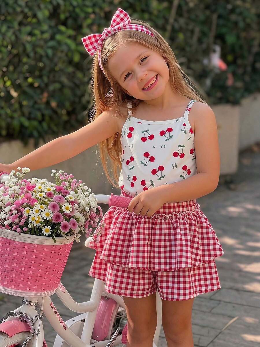 SHEIN Bộ 2 món cho bé gái: Áo hai dây dệt kim in hình quả anh đào và quần short xếp ly kẻ caro. - Đỏ - Xem 1