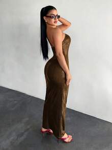 SHEIN SXY Vestido de moda ajustado con diseño de corte para mujer sin mangas - Dorado - Ver 2