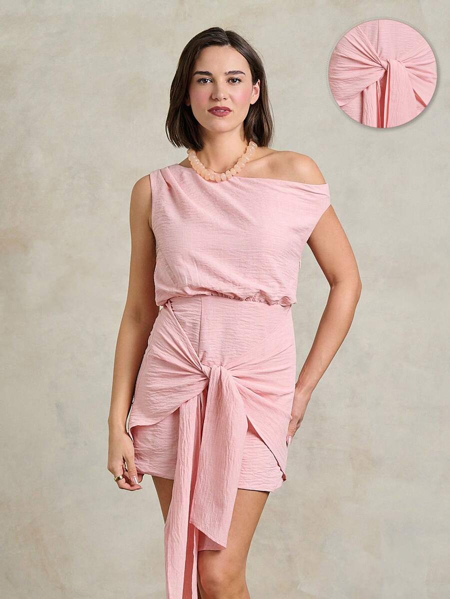 Rouah Vestido mini de mujer con un hombro, nudo delantero, textura de gasa rosa polvo, falda asimétrica drapeada para fiesta, boda, recepción de boda, fiesta de boda, invitado de boda - Rosa Pálido - Ver 1