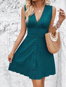 Breezaya Solid Color Vacation Style Sleeveless Dress With Front Button Closure Vacation Beach Outfits Women - Green - View 4