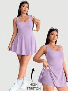 Solflare Purple Lilac Plus Size Sleeveless Dress With Pockets & Shorts, Solid Color Jumpsuit - Lilac Purple - View 1