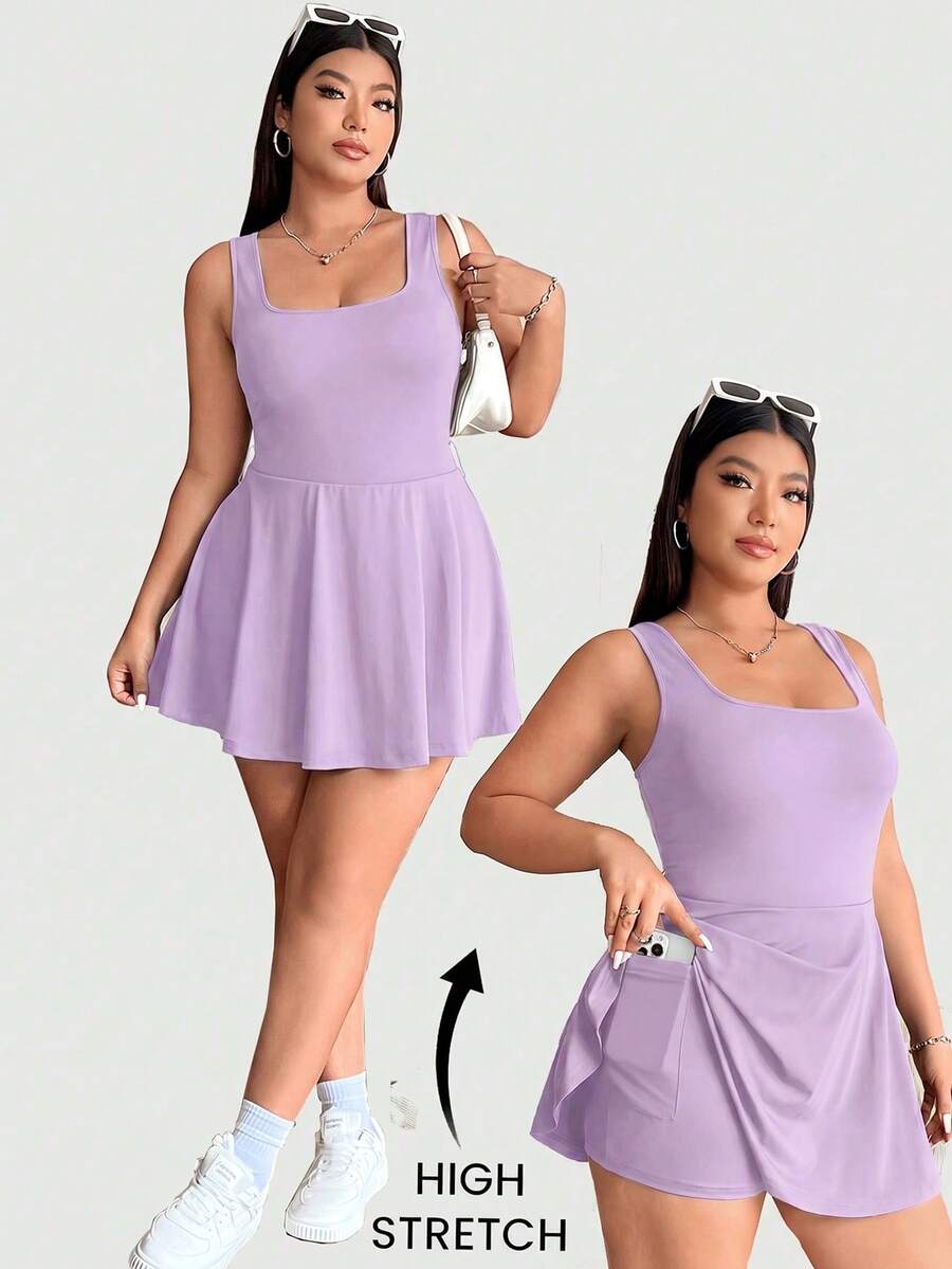 Solflare Purple Lilac Plus Size Sleeveless Dress With Pockets & Shorts, Solid Color Jumpsuit - Lilac Purple - View 1