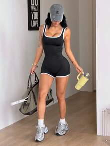 Coolane Women's Summer Going Out Sport Sportswear Casual Daily Wear Basic Antibacterial Deodorized Moisture-Wicking Wear-Resistant Cool Black And White Jumpsuit - Black - View 2