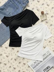 SHEIN Clasi قميص تي شيرت نسائي أنيق بلون أحادي مجعد بتصميم غير متماثل وبفتة رفيعة، صيفي - أبيض وأسود - مشاهدة 10