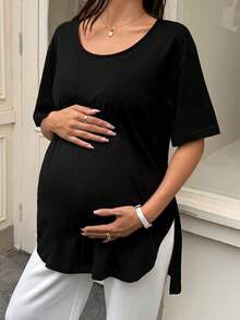 DAZY Maternity Round Neck Solid Color Short Sleeve Split Hem Loose Black T-Shirt, Spring/Summer - Black - View 6