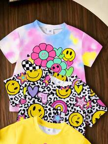 6 pièces/set Tenue décontractée mode jeune fille, avec Top à manches courtes et short en imprimés tie-dye, léopard, cœur arc-en-ciel, floral et lettres. Ensemble doux et confortable, adapté pour les sorties d'été. - Multicolore - Voir 4
