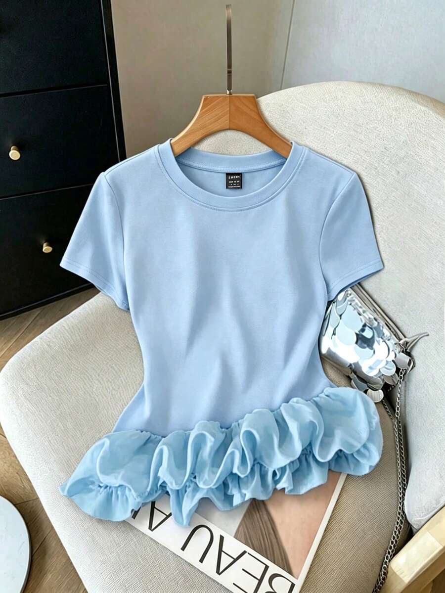 GlowEve Dam sommarmode rund hals stickad lapptäcke t-shirt med bubbelkant - Babyblå - Visa 1