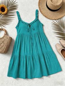 Swim Vcay Vestido de playa de verano para mujer de unicolor sin mangas con volantes y lazo delantero - Azul Cadete - Ver 6