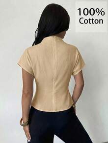 Firerie Áo kiểu nữ màu mơ, chất liệu sợi tre, vải lanh, phù hợp cho mọi mùa, cổ nhăn, tay áo bất đối xứng, xếp ly bên hông và thắt eo. - Màu be - Xem 2