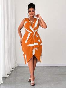 Maweii Vestido sin mangas con cuello en V y estampado de talla grande - Naranja - Ver 7