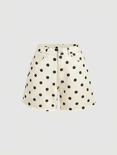 Sweetra Women's Casual Polka Dot Print Frayed Hem Denim Shorts, Suitable For Summer Holiday And Daily Commute