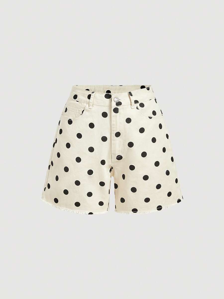 Sweetra Women's Casual Polka Dot Print Frayed Hem Denim Shorts, Suitable For Summer Holiday And Daily Commute - White - View 1