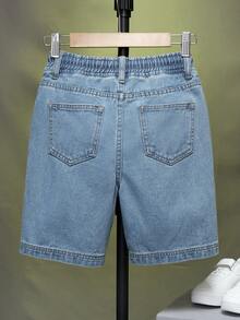 SHEIN Tween Boys' Elastic Waist Drawstring Ripped Denim Shorts, Summer Fashion - Light Wash - View 2