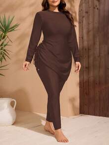 Swim Mulvari Plus Size Women 2pcs Solid Color Modest Middle East Style Long Sleeve & Long Pants Swimwear Set - Coffee Brown - View 5
