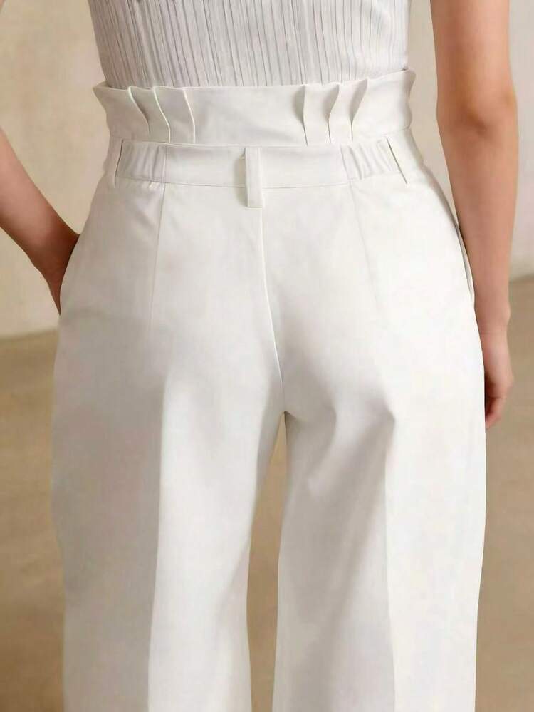 Anewsta Petite Modern White Paper Bag Waist Pants, Casual Outfit For Petite Women