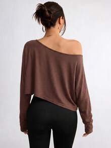 Flirla Camiseta casual holgada con mangas largas y cuello asimétrico para mujer, ideal para otoño - Café integral - Ver 2