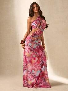 SHEIN BAE Women's Casual Boho Vacation Hollow-Out Mesh Floral Print Dress, Suitable For Beach, Sisters Leisure, Sexy Fuchsia Pink Floral Summer - Hot Pink - View 4
