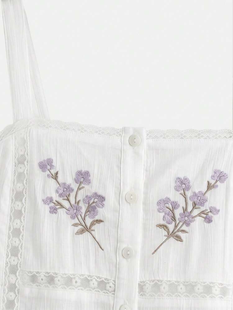 Vintage White Lace-Trim Cami Top With Floral Embroidery Cute Feminine Spring Summer Holiday Top Casual Top French Style Top Parisian Style Going Out