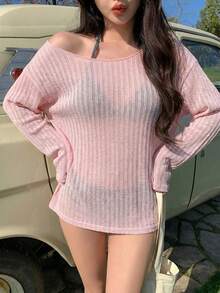 DAZY 女款素色寬鬆長袖罩衫洋裝，適合夏季度假海灘 - 粉色 - View 4
