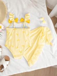 Emery Rose Kids Emery Rose Kids 女童蝴蝶结条纹印花荷叶袖连体泳衣，带罩裙 - 黃色 - 查看 2