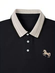 Calvornis 男士緹花領刺繡短袖休閒 Polo 衫，正式款 - 黑色 - 查看 3
