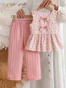 SHEIN Elladie kids 女童两件套碎花套装，粉色蝴蝶结装饰无袖上衣+纹理阔腿裤，甜美可爱夏季休闲装 - 粉色 - 查看 4