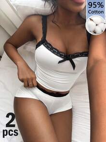 Amplova Bộ 2 món 95% cotton dành cho nữ: Áo hai dây phối ren màu sắc nổi bật và quần short mini cạp siêu thấp có nắp gập bằng ren – Trang phục mùa hè cho kỳ nghỉ xuân/hè, dễ thương và gợi cảm theo phong cách cô gái dừa, boho và phong cách đảo nhiệt đới. - Nhiều màu - Xem 2