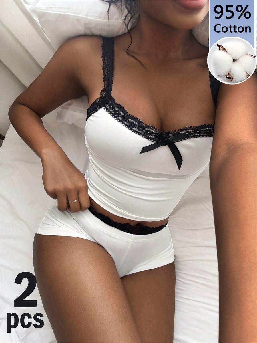 Amplova 两件套,95%纯棉女士撞色蕾丝拼接蝴蝶结吊带背心和超低腰蕾丝翻边迷你短裤——春夏度假必备,可爱性感椰林女孩风,波西米亚海岛女孩风 - 彩色 - 查看 1