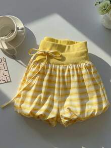 Comfortcana Women's Striped Fashionable Versatile Drawstring Waist Contrast Color Floral Shorts - Yellow - View 4