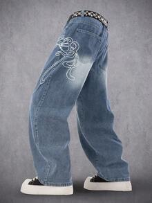 Manfinity Roghcode Quần jean denim nam in họa tiết, kiểu dáng thường ngày, đã qua xử lý. - Màu xanh lam - Xem 2