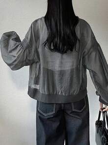 FRIFUL Chaqueta suelta con decoración de botones de metal para mujer, versátil para primavera y verano - Gris Oscuro - Ver 2