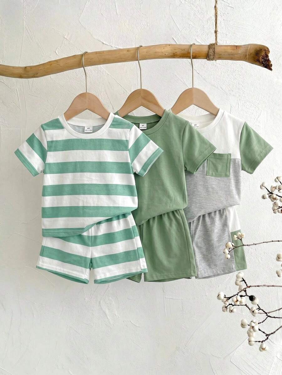 SHEIN 3pcs Kids Summer Clothes Set,Young Boy Blue Striped Patchwork Casual Cute Outfit Include T-Shirt And Shorts,Family Matching Holiday School Home Travel