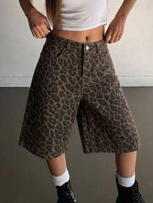 DAZY Women's Casual Leopard Print Wide Leg Denim Shorts, Summer - Coffee Brown - View 2