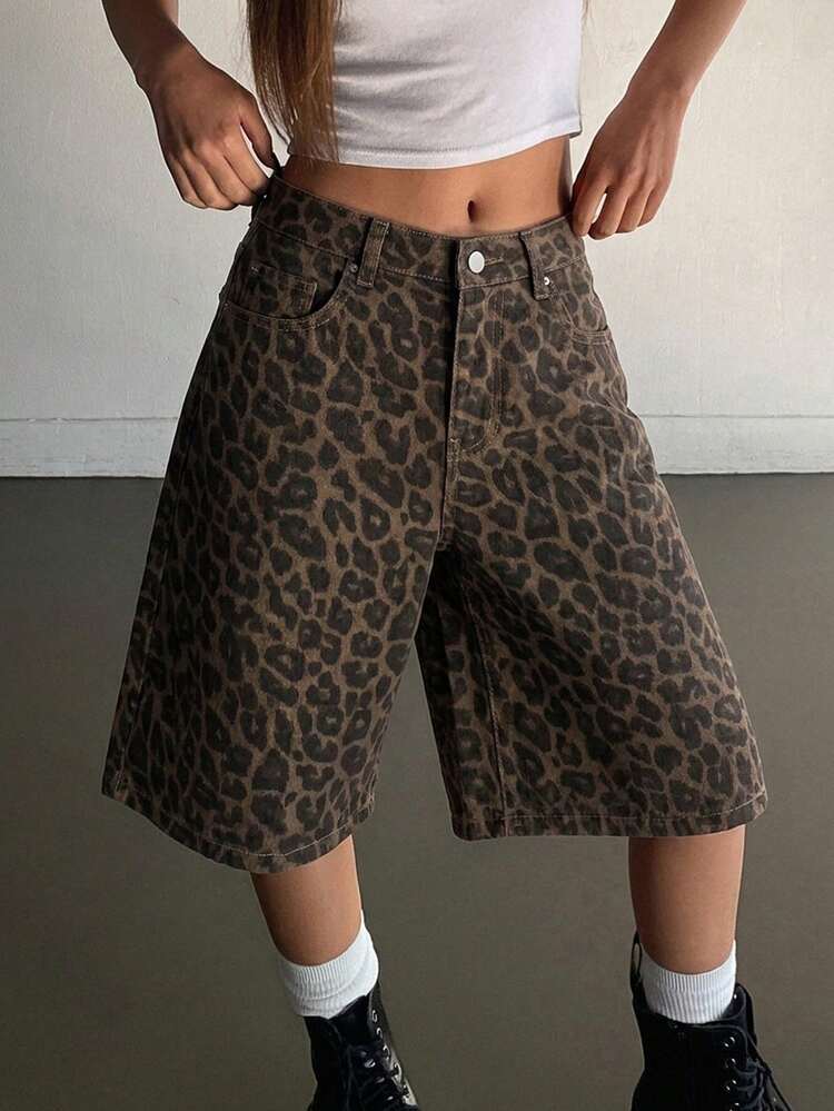 Women's Casual Leopard Print Wide Leg Denim Shorts, Summer