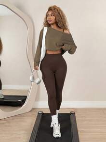 BamGleam 3pcs Women Set: Loose Drop Shoulder Long Sleeve Cropped T-Shirt, Seamless Wireless Bra, And High Waist Leggings Sports Outfit Brown Yoga Set Brown Workout Set Brown Athletic Set - Brown - View 2