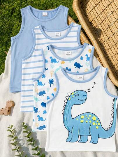 SHEIN Vintaside Kids Bộ 4 áo tank top trắng thoải mái, unisex cho bé, kiểu dáng cổ điển, đa năng, phù hợp mặc hàng ngày, đi nghỉ mát, đi học, dự tiệc, mùa xuân/hè.