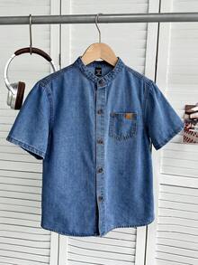 SHEIN 男童休闲水洗牛仔短袖上衣，夏季 - 中等水洗藍 - 查看 4