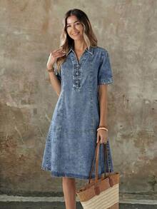 EMERY ROSE Mature Denim 女士休闲日常水洗牛仔翻领短袖连衣裙，夏季 - 藍色 - 查看 5