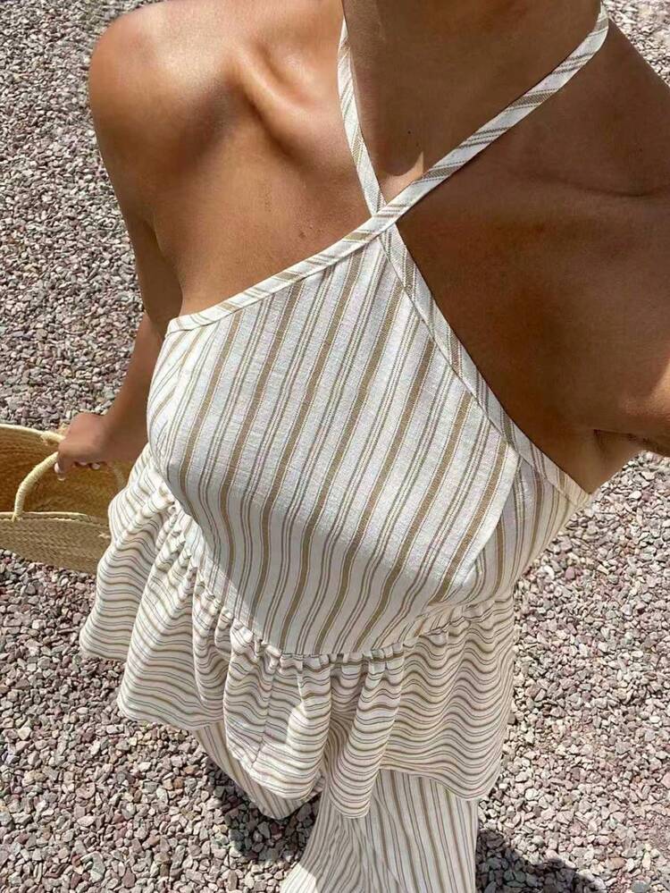 2pcs Women Striped A-Line Loose Pants Set, Spring & Summer
