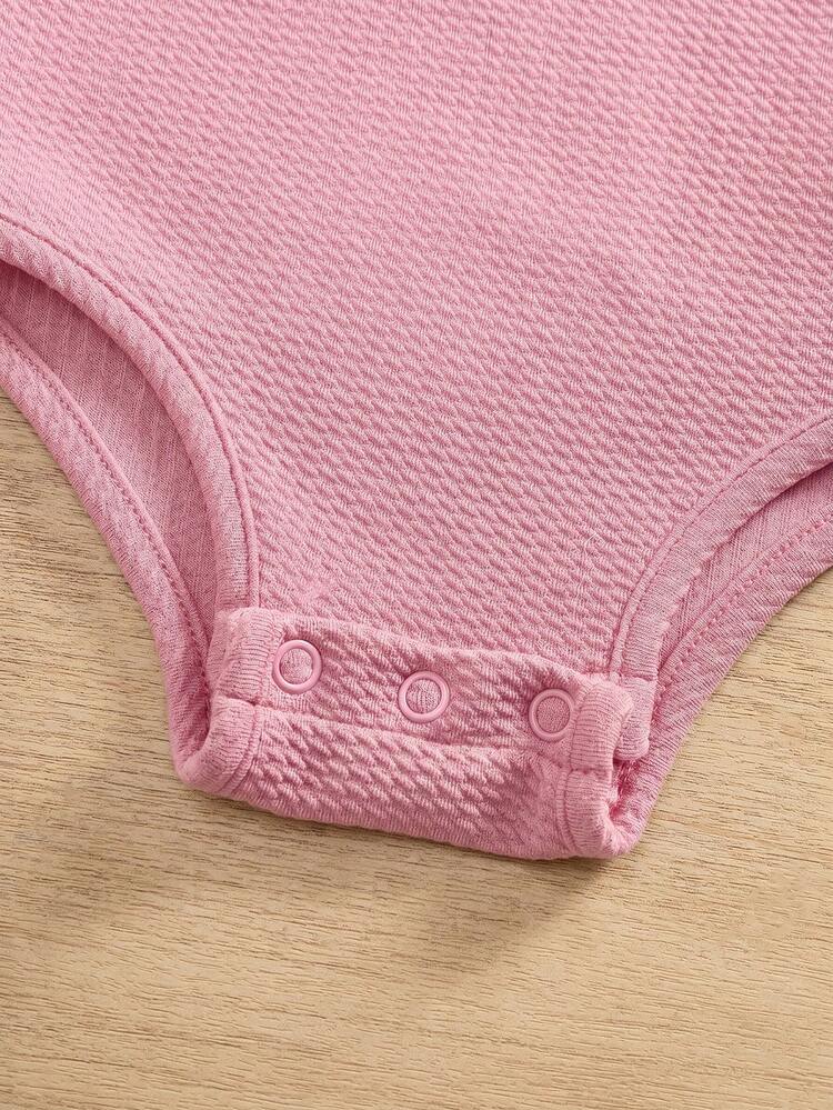 Set de 2 piezas Enterizo de punto de unicolor con lazo, lindo para bebé niña en verano - Rosa coral - Añade 4