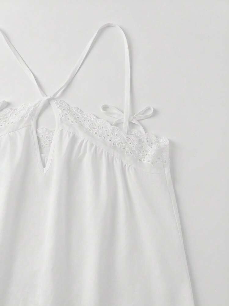White Broidery Anglaise Summer Loose Fit Halter Neck Cami Top Boho Spring Summer French Style White Cotton Top Casual Holiday Top