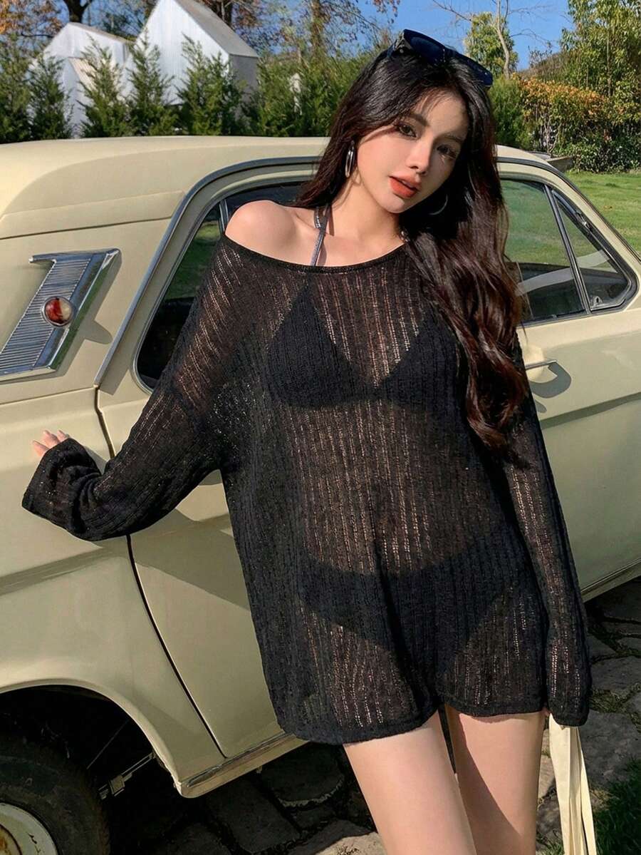 DAZY Women's Solid Color Batwing Loose Cover Up Beach Vacation - Black - View 1