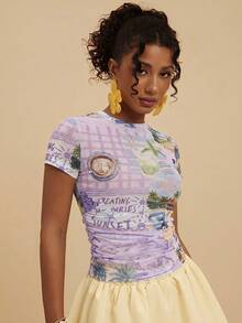 Travachic 2026 Spring/Summer New Women's Fitted Printed Short Sleeve Mesh Sheer Ruched Casual Top, Suitable For Vacation/Leisure And Various Relaxing Occasions,Summer Top - Mauve Purple - View 4
