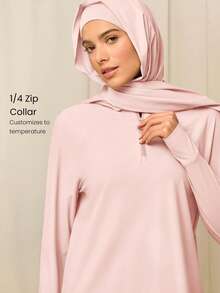 GLOWMODE Reem Modest 1PC Cool Flow 速干防晒连帽衫，带拇指孔和侧边开衩下摆，四分之一拉链，宽松版型，适合训练、跑步、健身、日常运动穿着。 - 粉色 - 查看 3