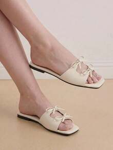 Eladyva 女士平底凉鞋，带蝴蝶结装饰，露趾，防滑鞋底，时尚舒适的罗马风格拖鞋，适合室内休闲聚会 - 米色 - 查看 6
