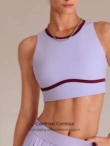 GLOWMODE FeatherFit™-Sculpt Sweat-Wicking Stretchy Contrast Stripe Ribbed Underbust Open Back Sports Bra With Built-In Cups Medium Impact Training Tennis Golf Daily Active Wear - Purple - View 2