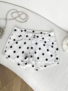 Elamini Women's Polka Dot Print Button Pocket Denim Shorts - Multicolor - View 1