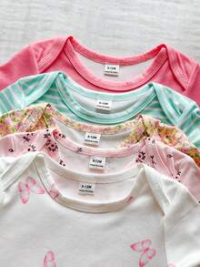 SHEIN Vintaside Kids 5pcs/Set Baby Girls' Soft & Comfortable Crew Neck Solid Color Romper, Fashionable Casual Daily Wear, Easy On/Off, Suitable For Spring/Summer - Multicolor - View 7