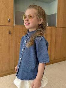 DAZY Áo denim tay ngắn dáng rộng cổ bẻ cho bé gái (size nhỏ) - Rửa tối - Xem 6